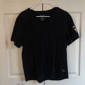 True Religion Womens Black V-Neck T-Shirt Gold Horseshoe Logo XL RN 134949